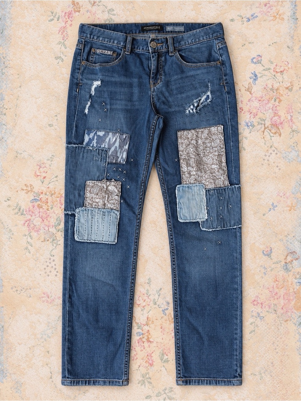 VTG Y2K 90s Woman Blue Denim Patchwork Boyfriend Fit Jeans US4 Boho Country Folk